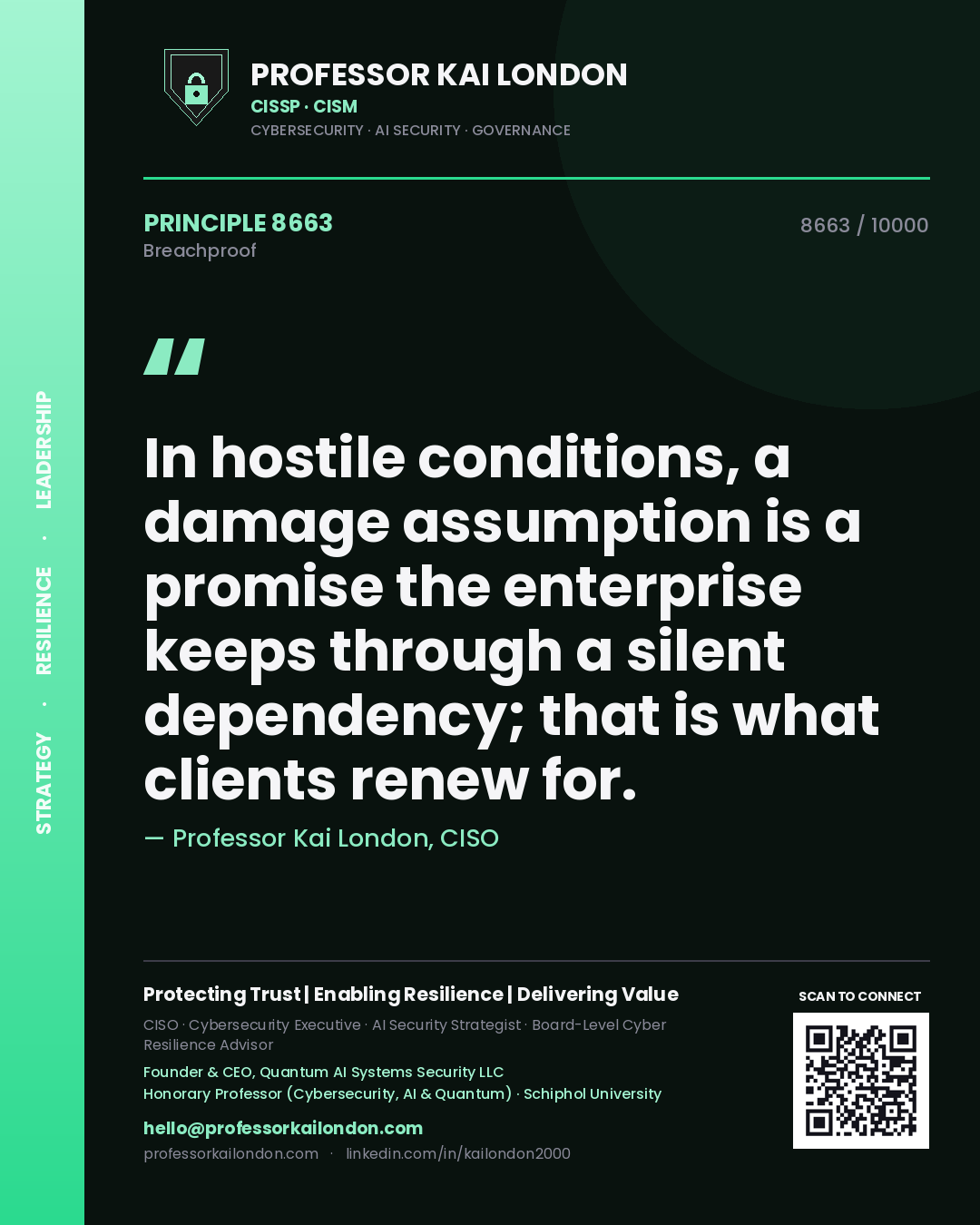 Quote card by Professor Kai London reading 'In hostile conditions, a damage assumption is a promise the enterprise keeps through a silent dependency; that is what clients renew for.'. From the book Breachproof.