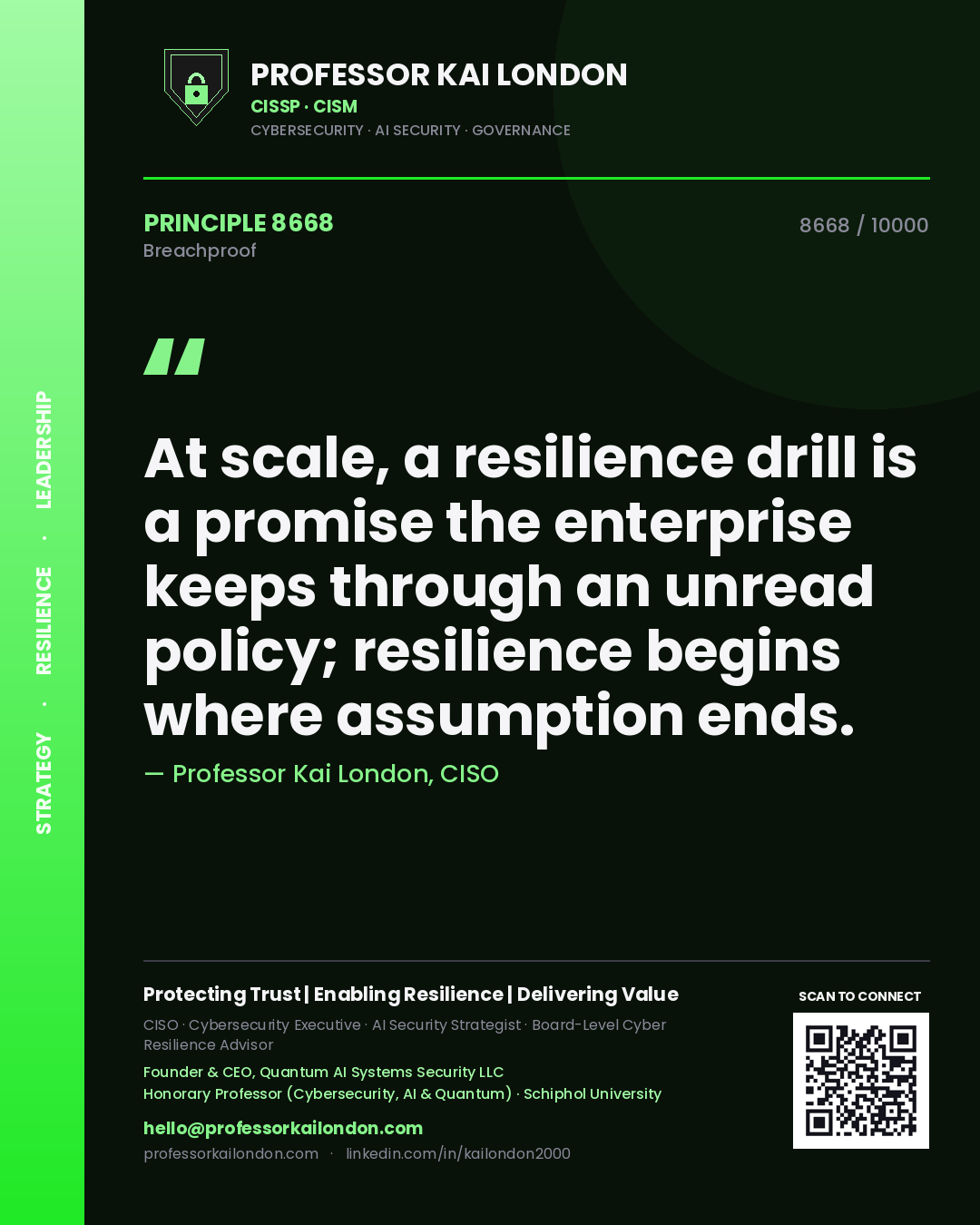Quote card by Professor Kai London reading 'At scale, a resilience drill is a promise the enterprise keeps through an unread policy; resilience begins where assumption ends.'. From the book Breachproof.