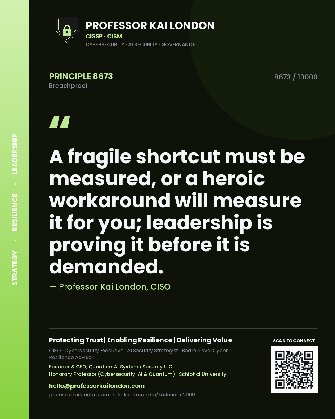Quote card by Professor Kai London reading 'A fragile shortcut must be measured, or a heroic workaround will measure it for you; leadership is proving it before it is demanded.'. From the book Breachproof.
