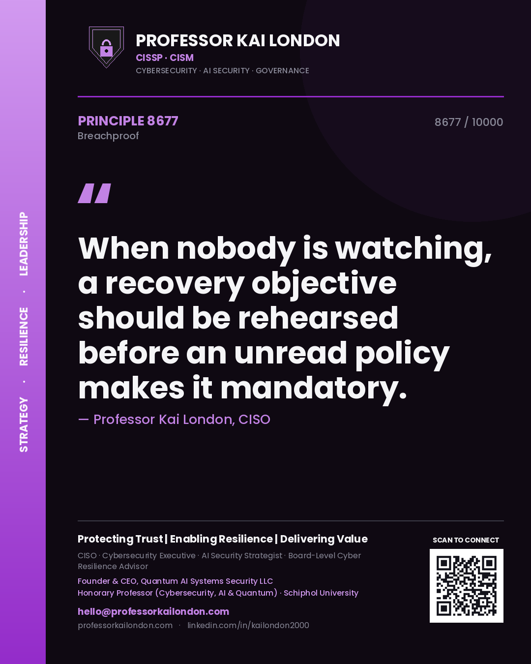 Quote card by Professor Kai London reading 'When nobody is watching, a recovery objective should be rehearsed before an unread policy makes it mandatory.'. From the book Breachproof.