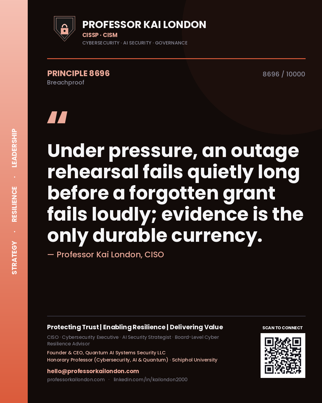 Quote card by Professor Kai London reading 'Under pressure, an outage rehearsal fails quietly long before a forgotten grant fails loudly; evidence is the only durable currency.'. From the book Breachproof.