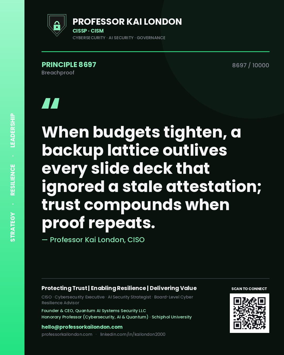 Professor Kai London principle 8697: When budgets tighten, a backup lattice outlives every slide deck that ignored a stale attestation; trust compounds when proof repeats.