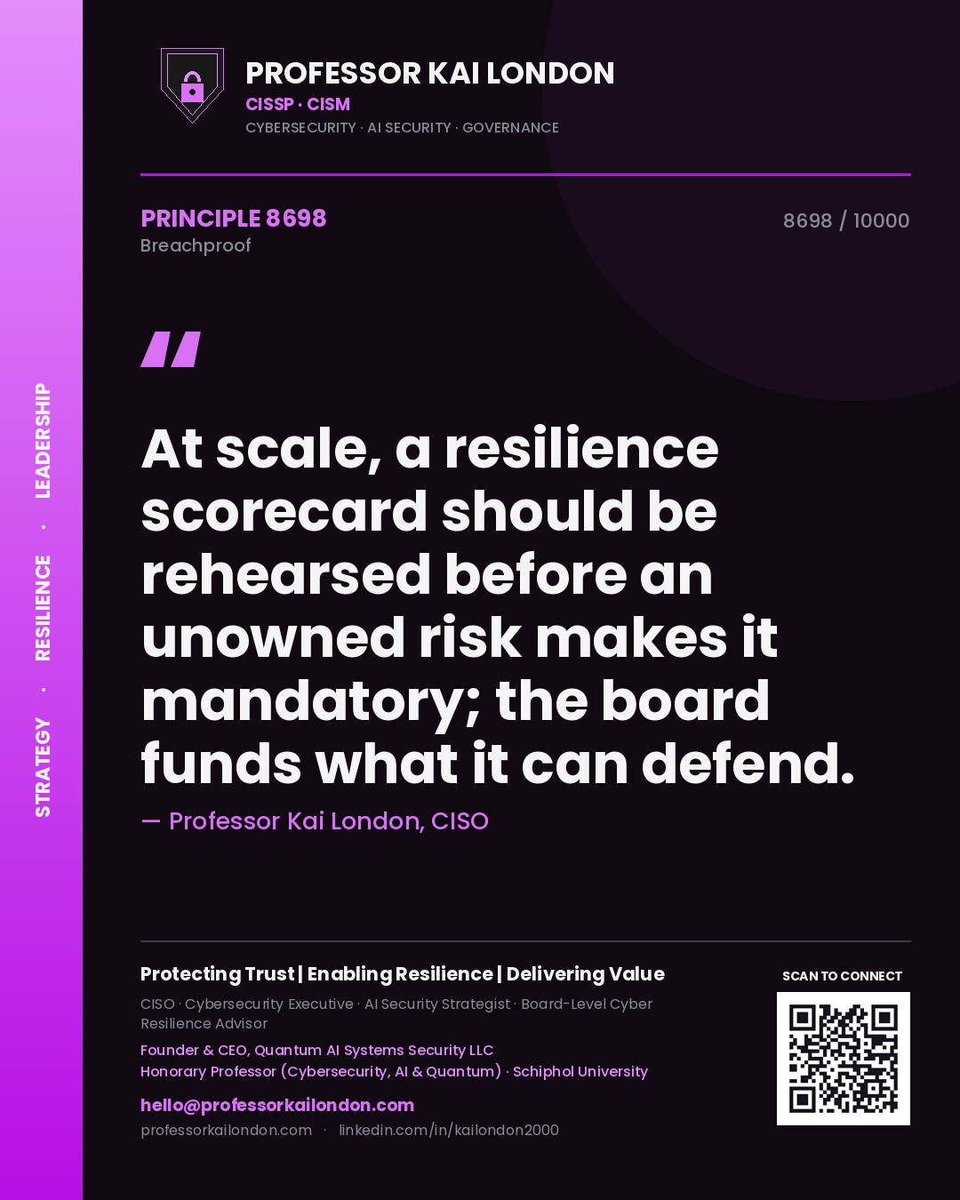 Quote card by Professor Kai London reading 'At scale, a resilience scorecard should be rehearsed before an unowned risk makes it mandatory; the board funds what it can defend.'. From the book Breachproof.