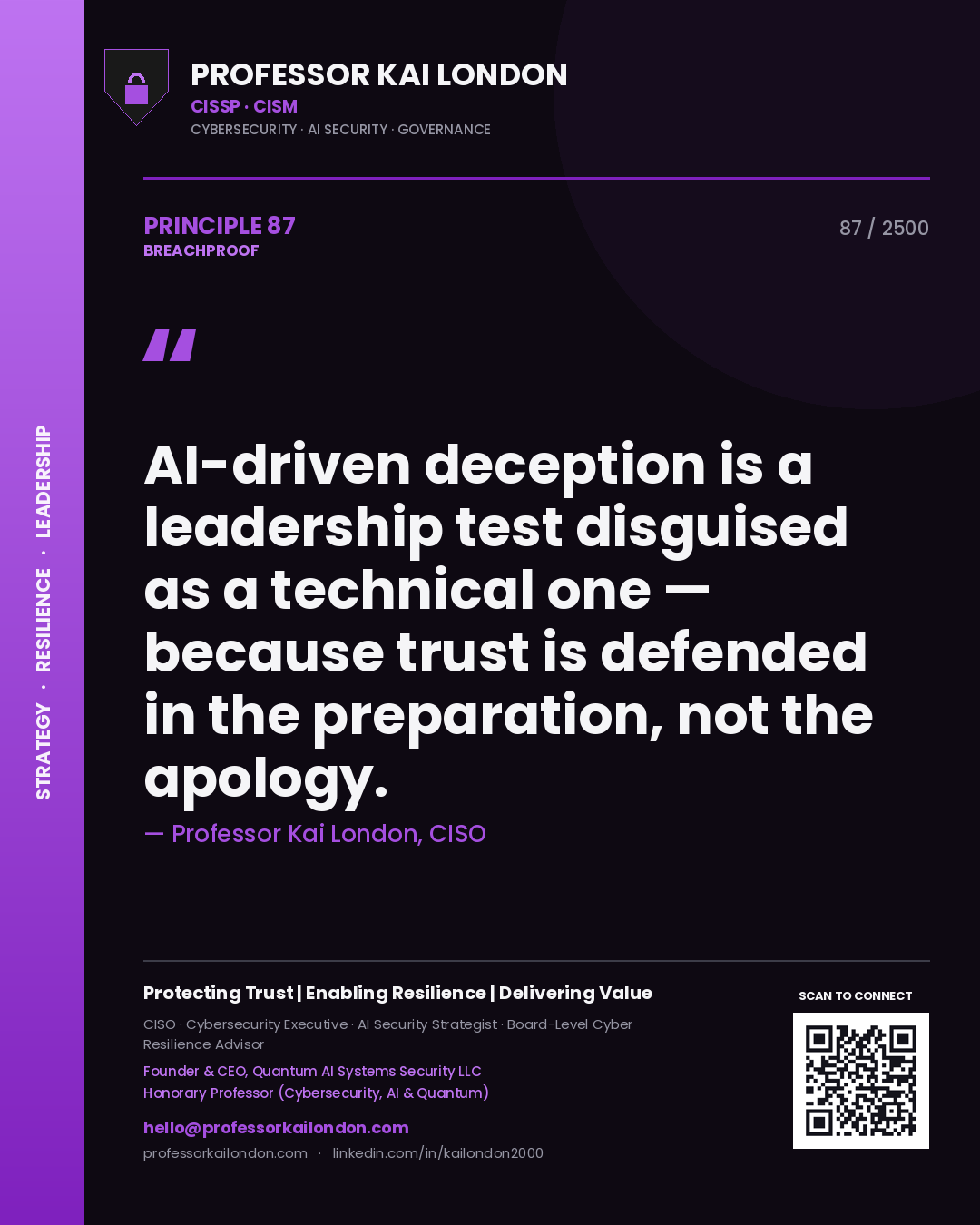 Professor Kai London principle 87: AI-driven deception is a leadership test disguised as a technical one — because trust is defended in the preparation, not the apology.