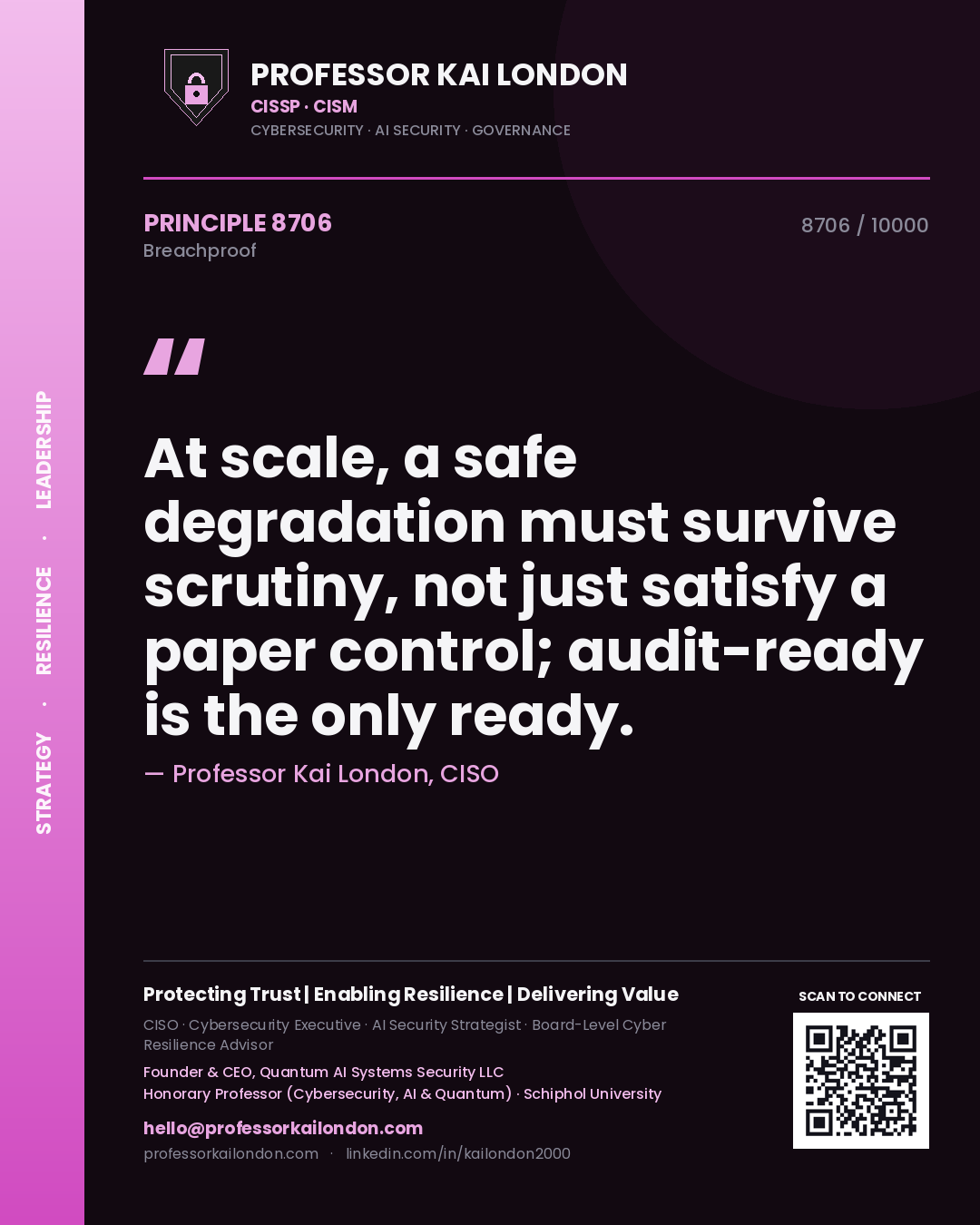 Quote card by Professor Kai London reading 'At scale, a safe degradation must survive scrutiny, not just satisfy a paper control; audit-ready is the only ready.'. From the book Breachproof.