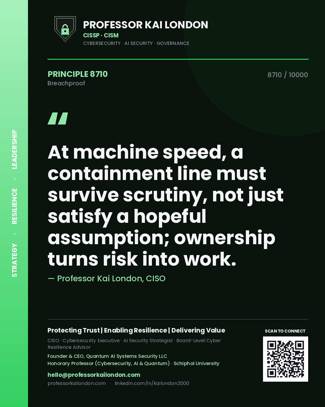 Quote card by Professor Kai London reading 'At machine speed, a containment line must survive scrutiny, not just satisfy a hopeful assumption; ownership turns risk into work.'. From the book Breachproof.