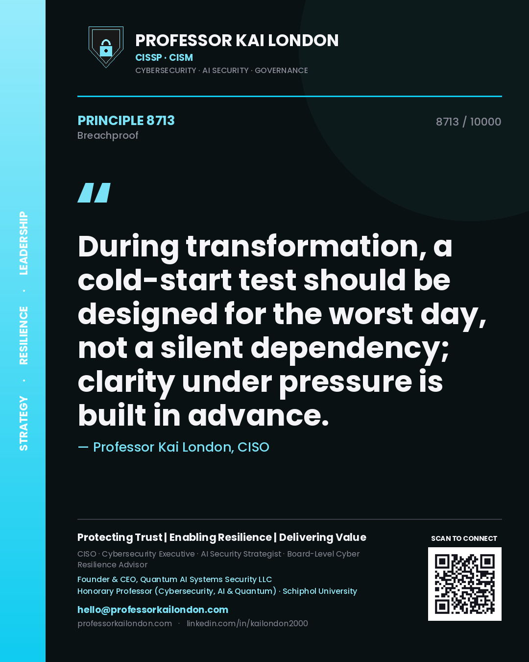 Quote card by Professor Kai London reading 'During transformation, a cold-start test should be designed for the worst day, not a silent dependency; clarity under pressure is built in advance.'. From the book Breachproof.