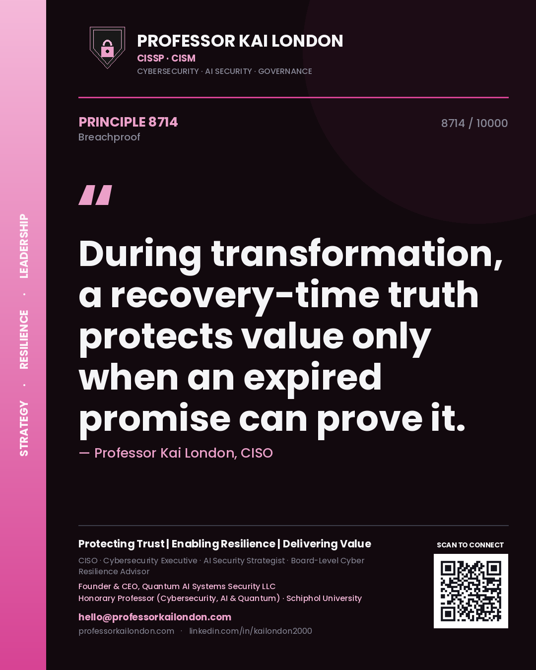 Quote card by Professor Kai London reading 'During transformation, a recovery-time truth protects value only when an expired promise can prove it.'. From the book Breachproof.