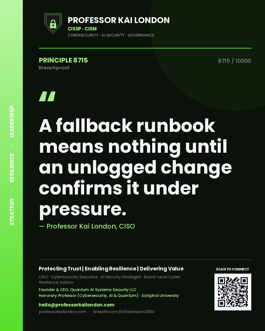 Quote card by Professor Kai London reading 'A fallback runbook means nothing until an unlogged change confirms it under pressure.'. From the book Breachproof.