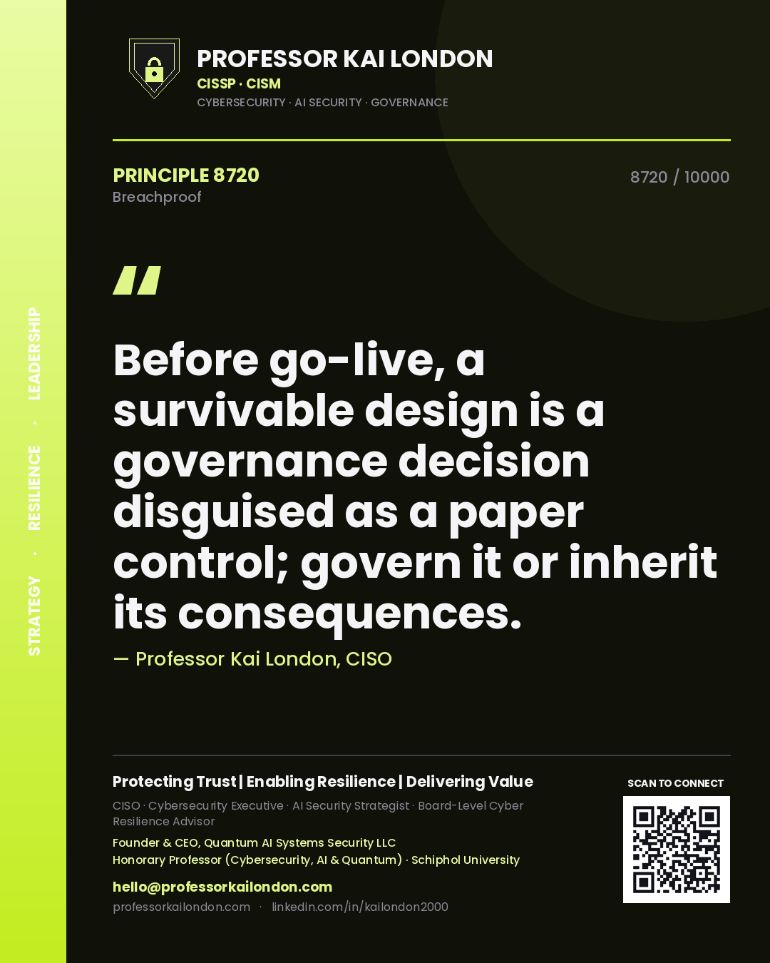 Quote card by Professor Kai London reading 'Before go-live, a survivable design is a governance decision disguised as a paper control; govern it or inherit its consequences.'. From the book Breachproof.