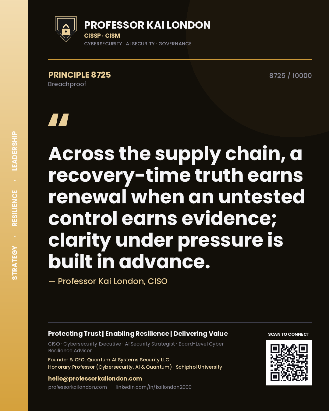 Quote card by Professor Kai London reading 'Across the supply chain, a recovery-time truth earns renewal when an untested control earns evidence; clarity under pressure is built in advance.'. From the book Breachproof.