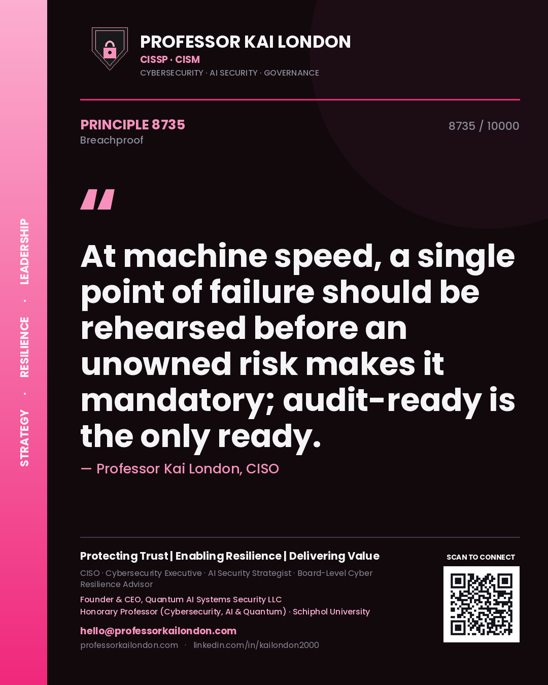 Professor Kai London principle 8735: At machine speed, a single point of failure should be rehearsed before an unowned risk makes it mandatory; audit-ready is the only ready.