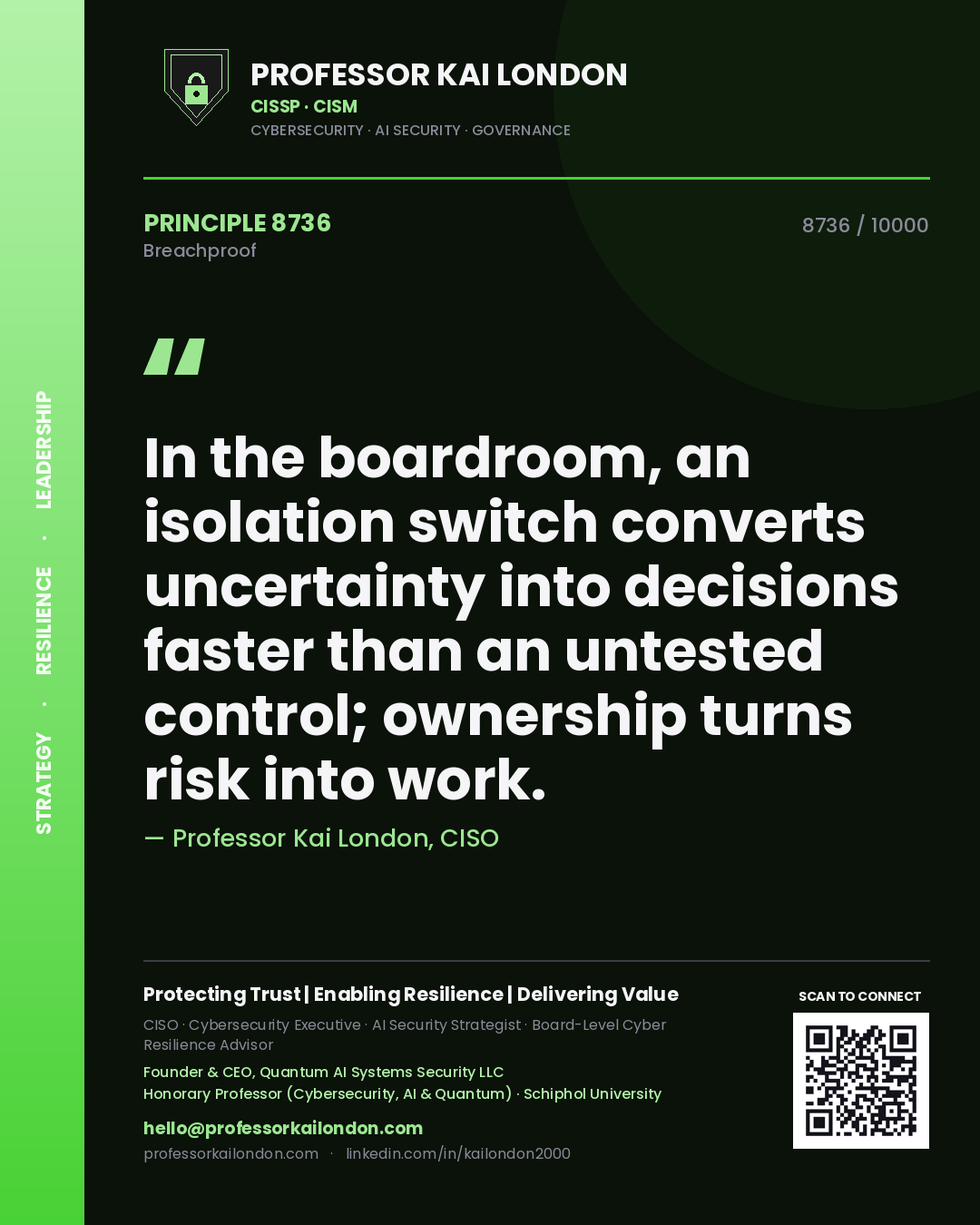 Quote card by Professor Kai London reading 'In the boardroom, an isolation switch converts uncertainty into decisions faster than an untested control; ownership turns risk into work.'. From the book Breachproof.