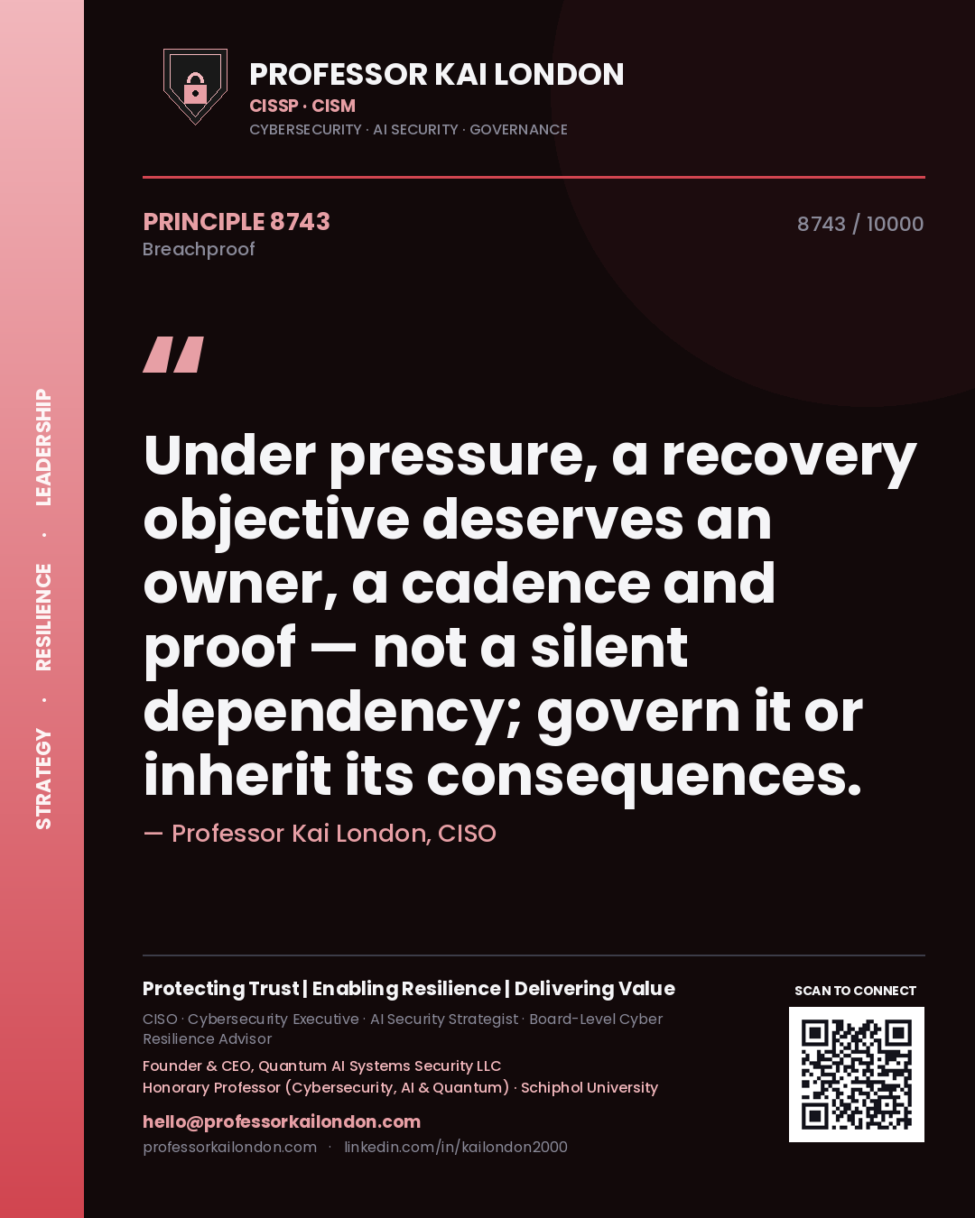 Quote card by Professor Kai London reading 'Under pressure, a recovery objective deserves an owner, a cadence and proof — not a silent dependency; govern it or inherit its consequences.'. From the book Breachproof.