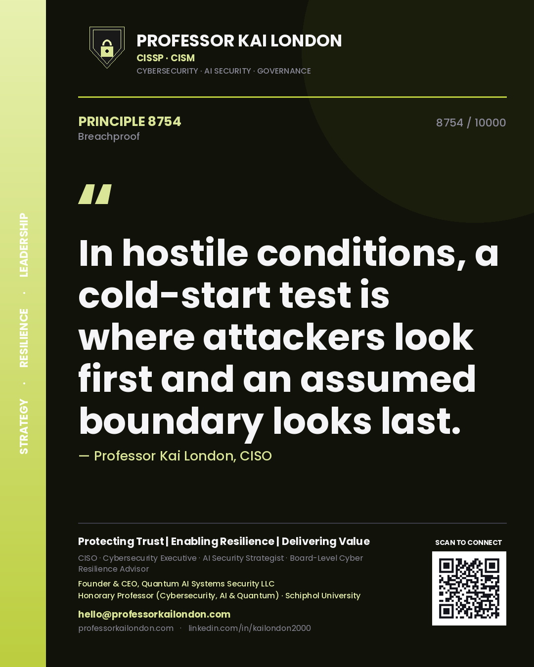 Quote card by Professor Kai London reading 'In hostile conditions, a cold-start test is where attackers look first and an assumed boundary looks last.'. From the book Breachproof.