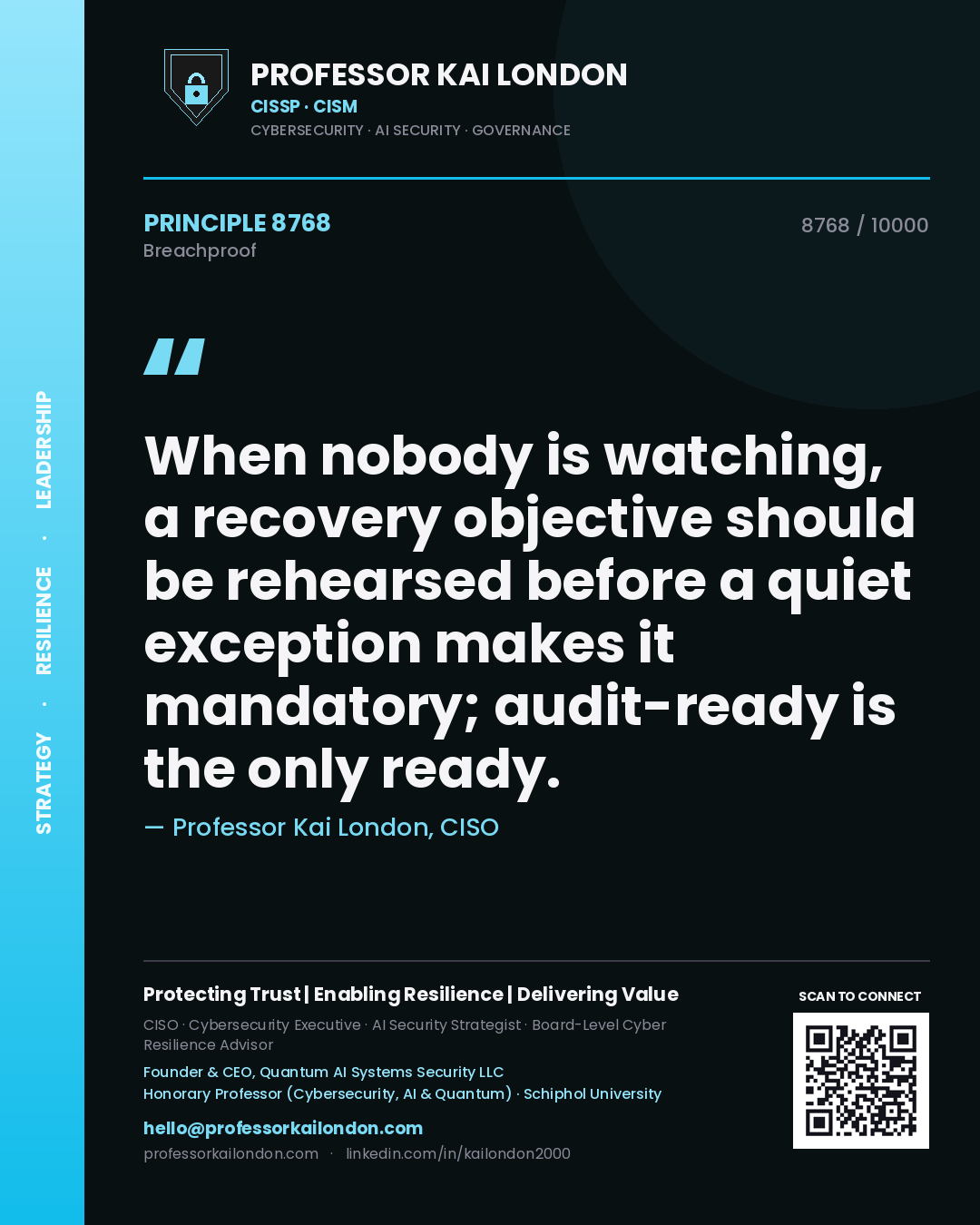 Professor Kai London principle 8768: When nobody is watching, a recovery objective should be rehearsed before a quiet exception makes it mandatory; audit-ready is the only ready.