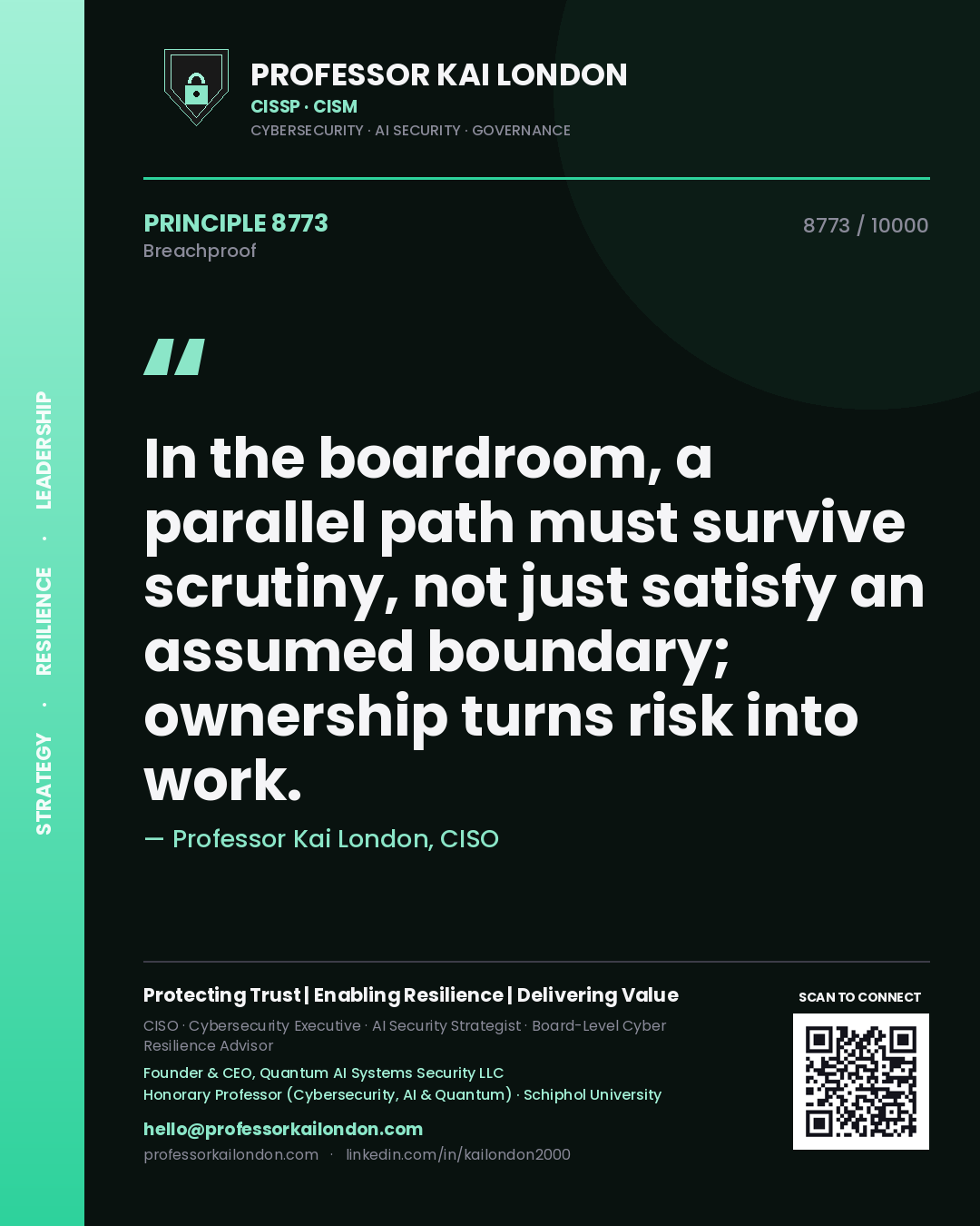 Quote card by Professor Kai London reading 'In the boardroom, a parallel path must survive scrutiny, not just satisfy an assumed boundary; ownership turns risk into work.'. From the book Breachproof.