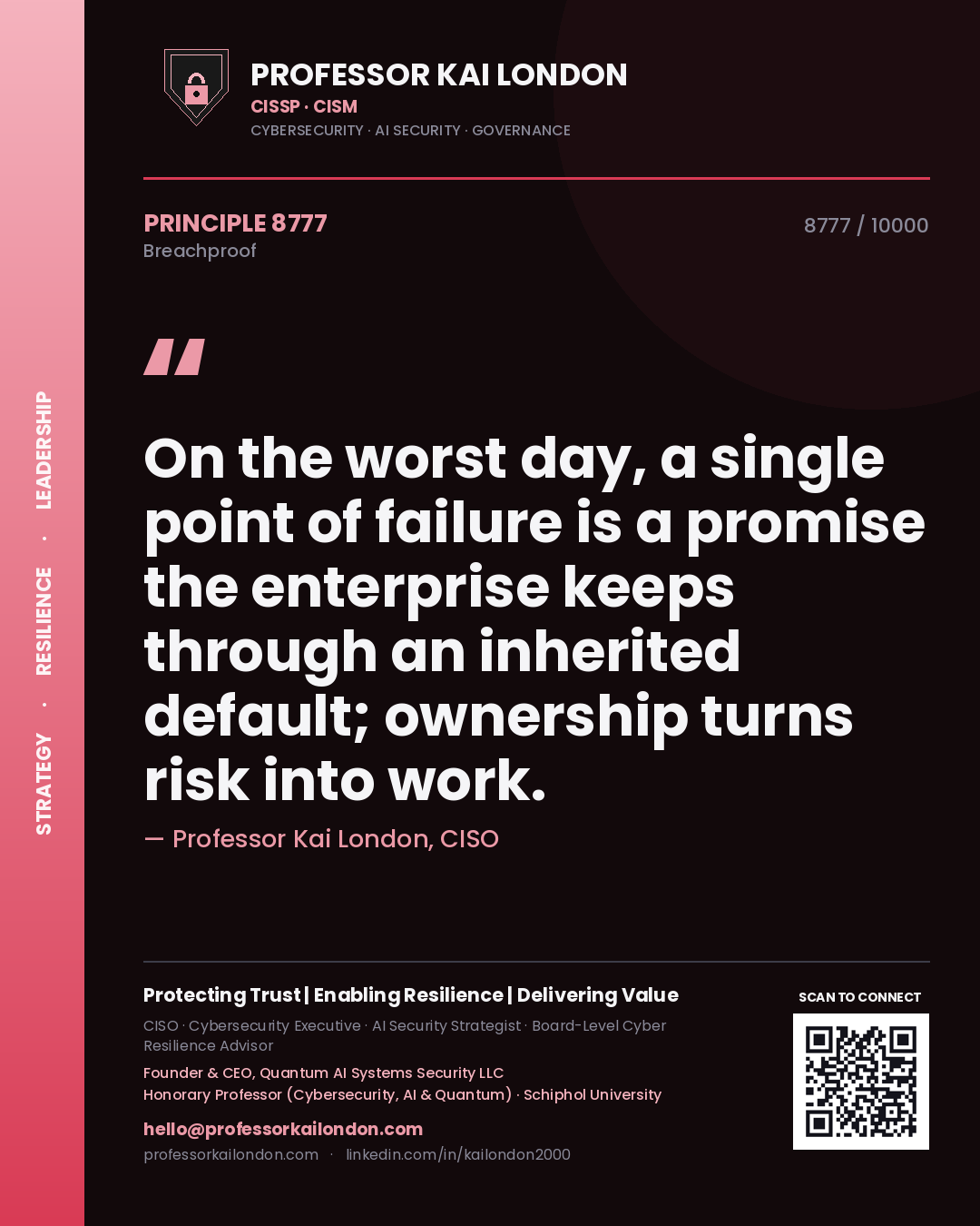 Quote card by Professor Kai London reading 'On the worst day, a single point of failure is a promise the enterprise keeps through an inherited default; ownership turns risk into work.'. From the book Breachproof.