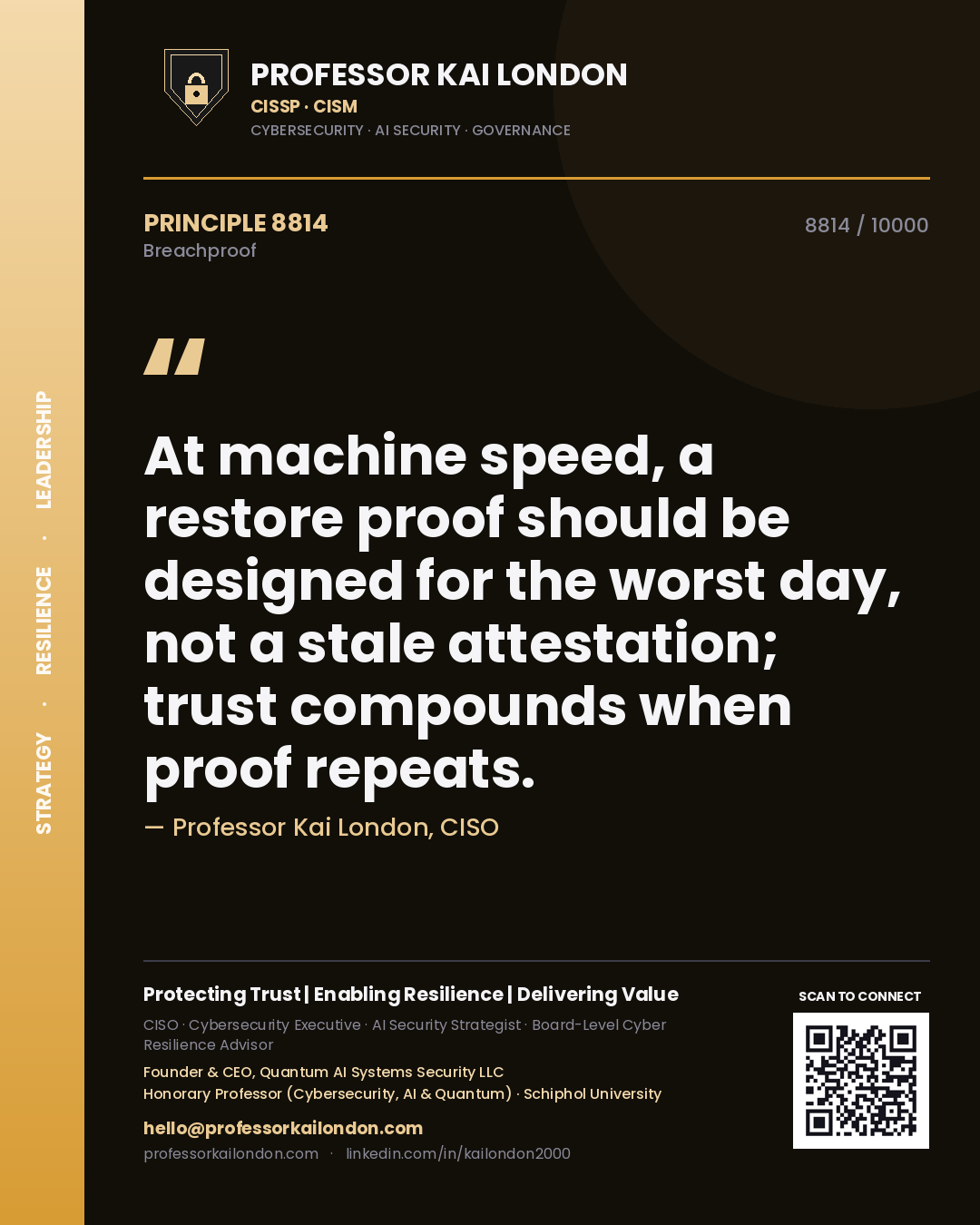 Quote card by Professor Kai London reading 'At machine speed, a restore proof should be designed for the worst day, not a stale attestation; trust compounds when proof repeats.'. From the book Breachproof.