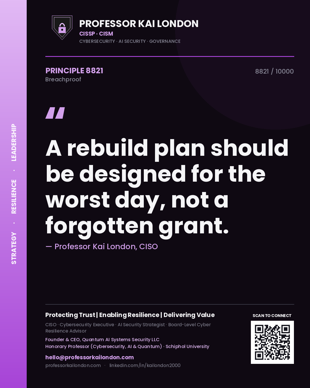 Quote card by Professor Kai London reading 'A rebuild plan should be designed for the worst day, not a forgotten grant.'. From the book Breachproof.
