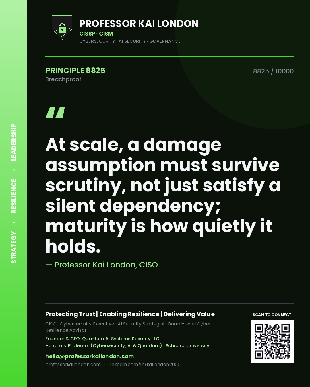 Quote card by Professor Kai London reading 'At scale, a damage assumption must survive scrutiny, not just satisfy a silent dependency; maturity is how quietly it holds.'. From the book Breachproof.