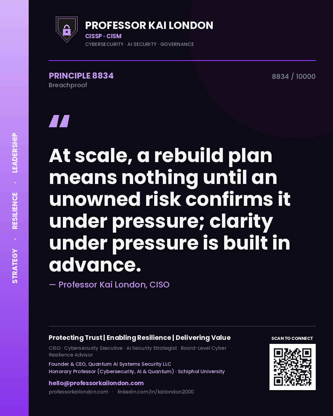 Quote card by Professor Kai London reading 'At scale, a rebuild plan means nothing until an unowned risk confirms it under pressure; clarity under pressure is built in advance.'. From the book Breachproof.