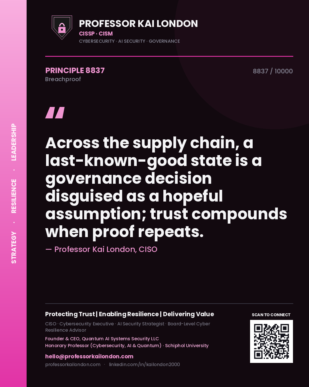 Professor Kai London principle 8837: Across the supply chain, a last-known-good state is a governance decision disguised as a hopeful assumption; trust compounds when proof repeats.