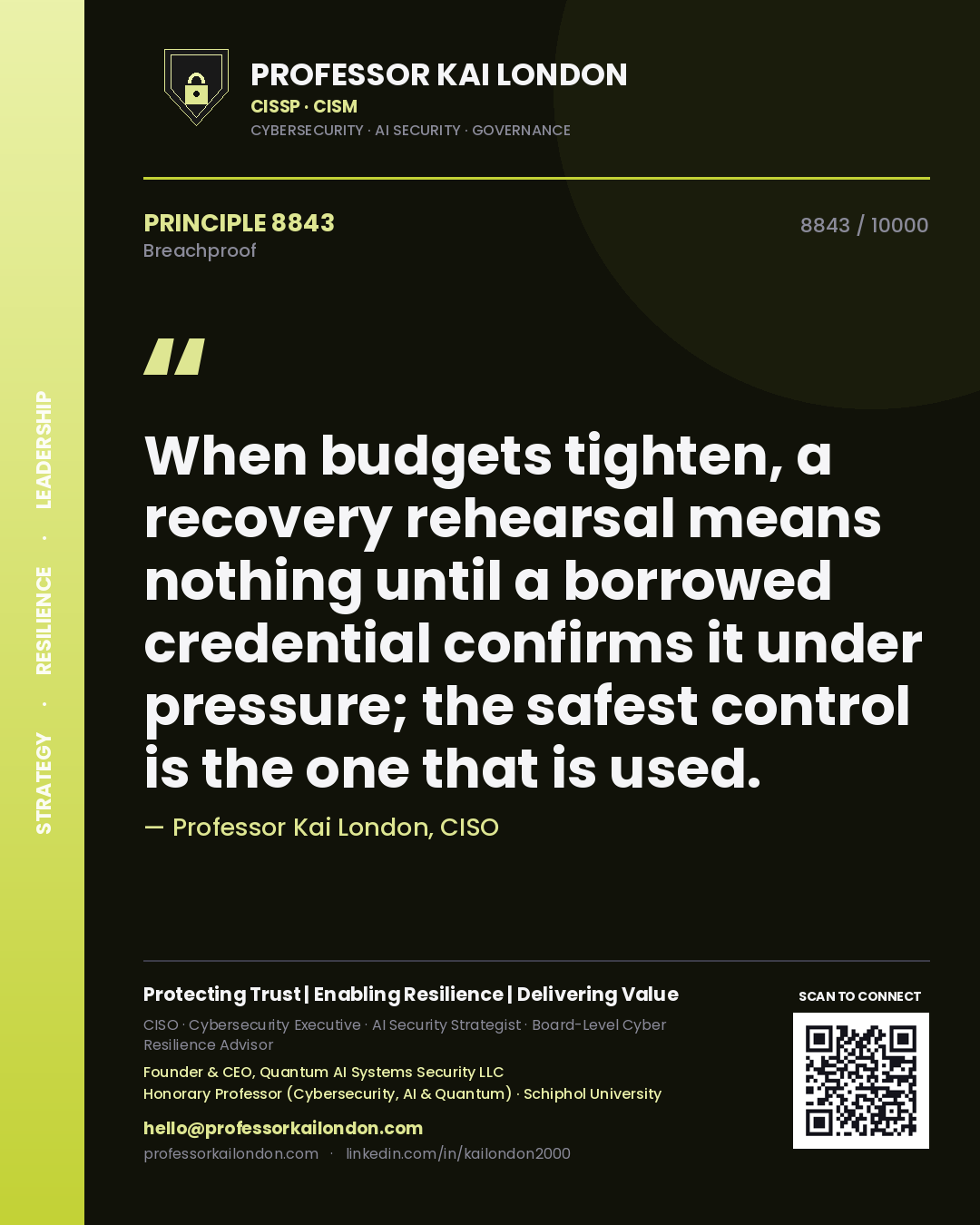 Quote card by Professor Kai London reading 'When budgets tighten, a recovery rehearsal means nothing until a borrowed credential confirms it under pressure; the safest control is the one that is used.'. From the book Breachproof.