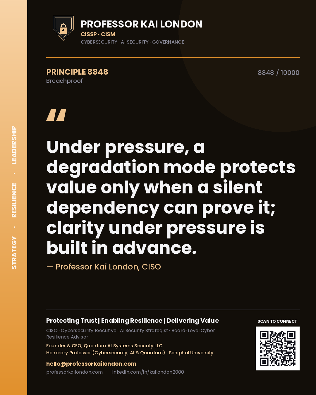 Quote card by Professor Kai London reading 'Under pressure, a degradation mode protects value only when a silent dependency can prove it; clarity under pressure is built in advance.'. From the book Breachproof.
