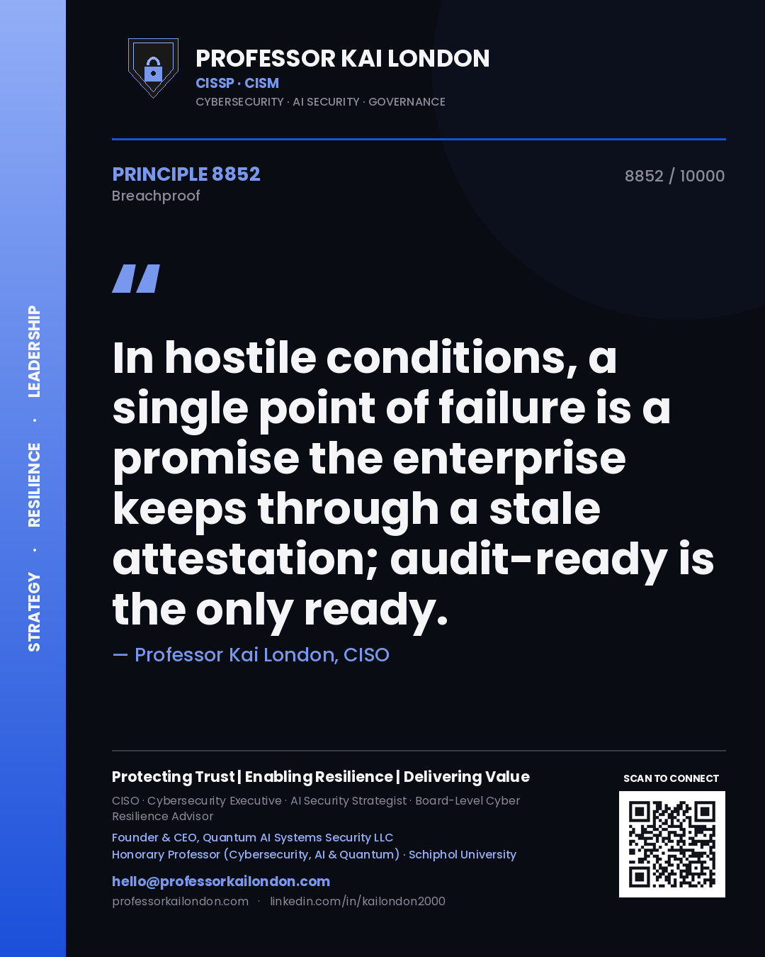 Quote card by Professor Kai London reading 'In hostile conditions, a single point of failure is a promise the enterprise keeps through a stale attestation; audit-ready is the only ready.'. From the book Breachproof.