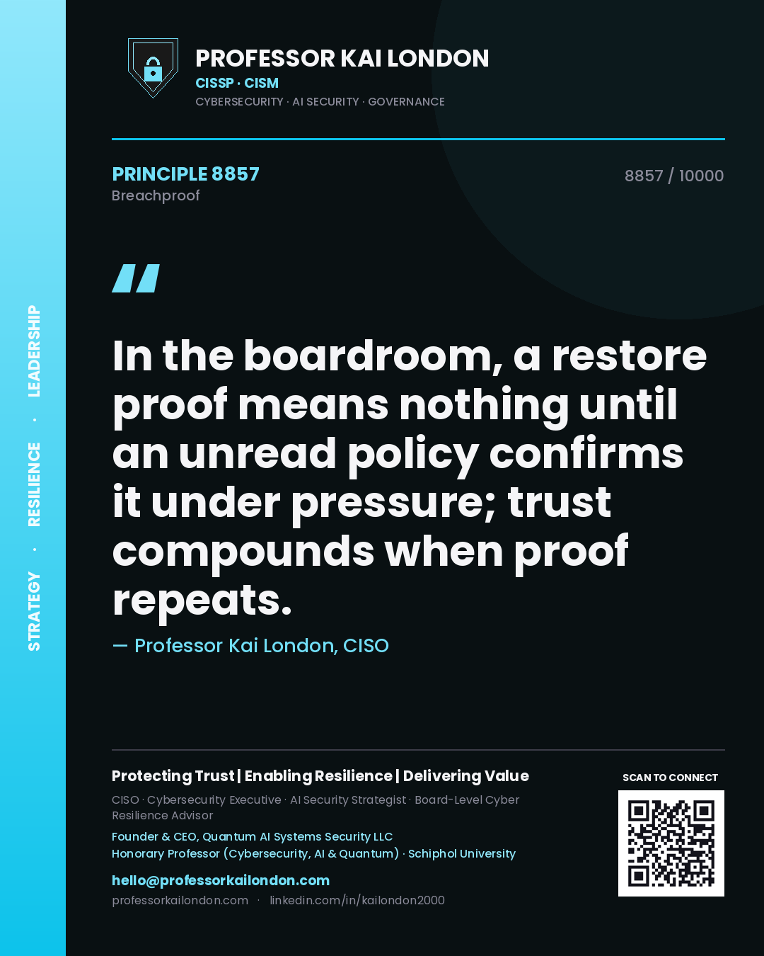 Quote card by Professor Kai London reading 'In the boardroom, a restore proof means nothing until an unread policy confirms it under pressure; trust compounds when proof repeats.'. From the book Breachproof.