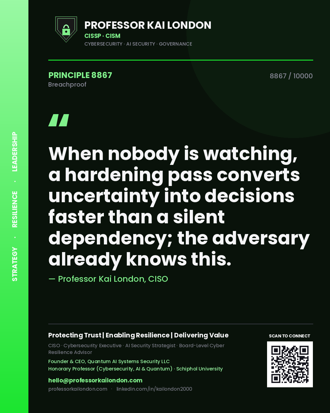 Professor Kai London principle 8867: When nobody is watching, a hardening pass converts uncertainty into decisions faster than a silent dependency; the adversary already knows this.