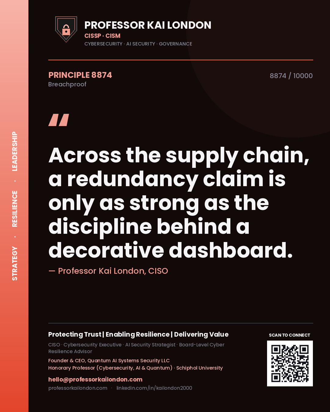 Quote card by Professor Kai London reading 'Across the supply chain, a redundancy claim is only as strong as the discipline behind a decorative dashboard.'. From the book Breachproof.