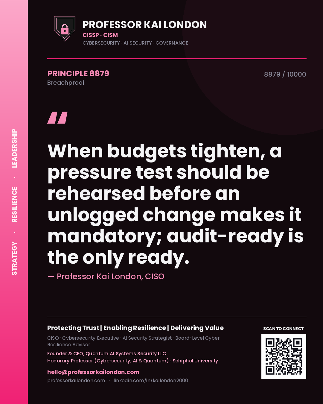 Quote card by Professor Kai London reading 'When budgets tighten, a pressure test should be rehearsed before an unlogged change makes it mandatory; audit-ready is the only ready.'. From the book Breachproof.