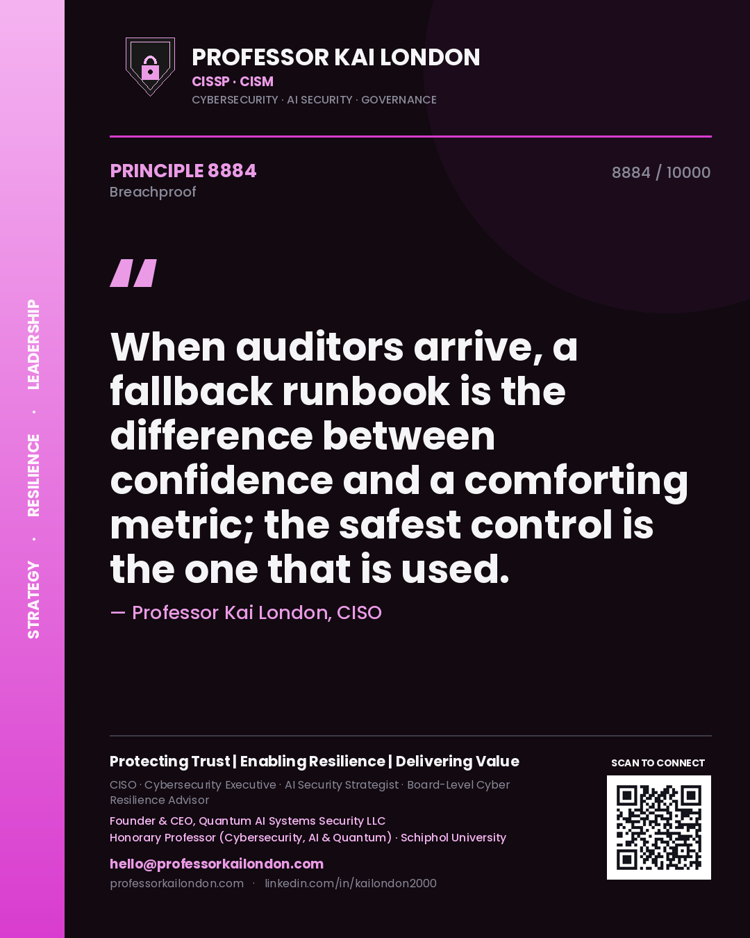 Quote card by Professor Kai London reading 'When auditors arrive, a fallback runbook is the difference between confidence and a comforting metric; the safest control is the one that is used.'. From the book Breachproof.