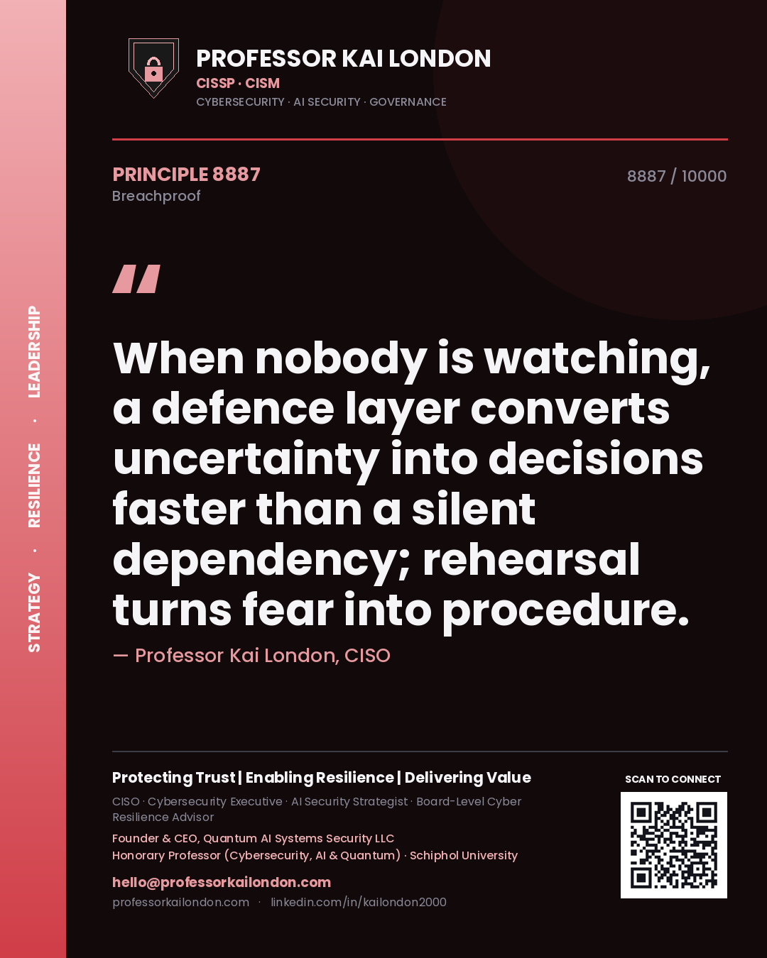 Quote card by Professor Kai London reading 'When nobody is watching, a defence layer converts uncertainty into decisions faster than a silent dependency; rehearsal turns fear into procedure.'. From the book Breachproof.