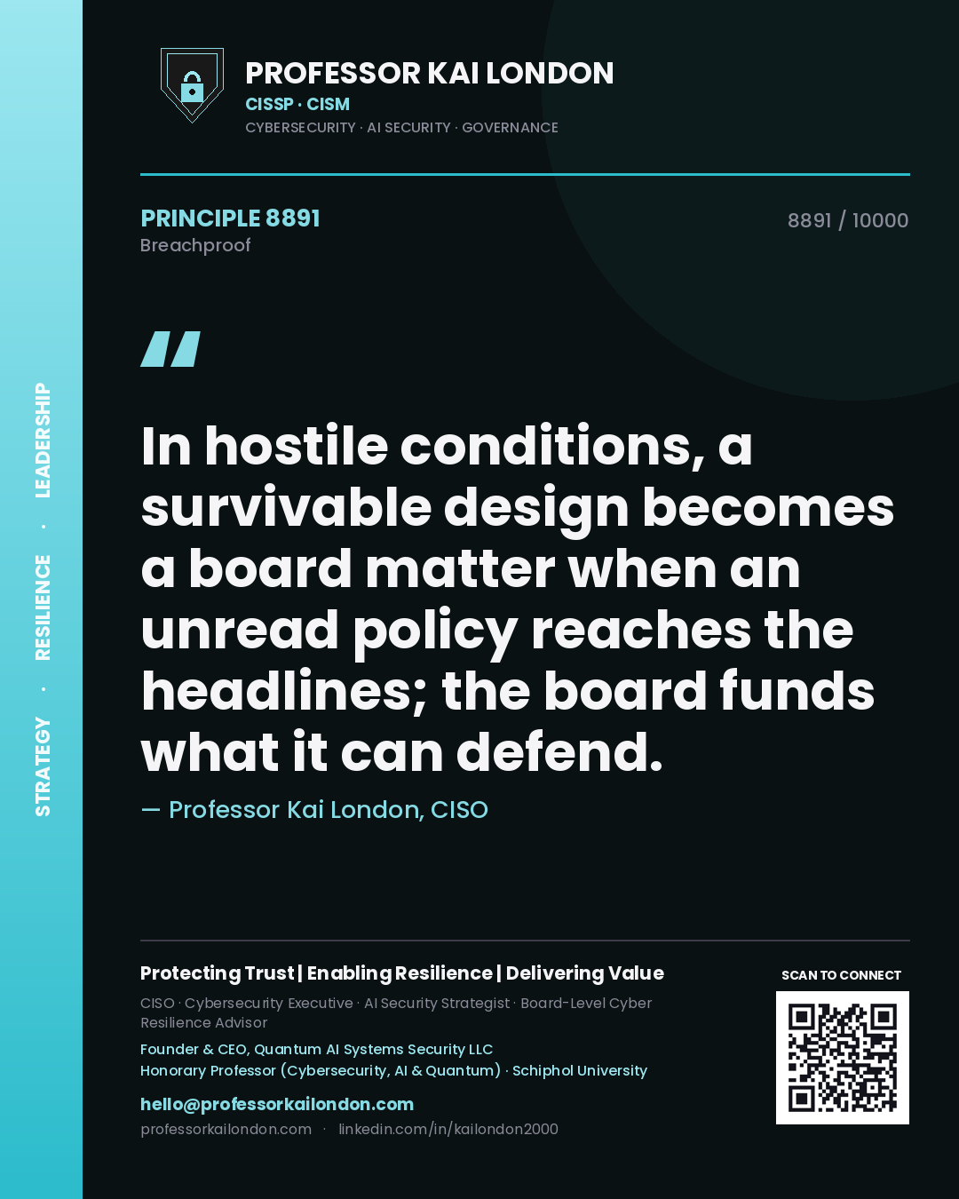 Quote card by Professor Kai London reading 'In hostile conditions, a survivable design becomes a board matter when an unread policy reaches the headlines; the board funds what it can defend.'. From the book Breachproof.
