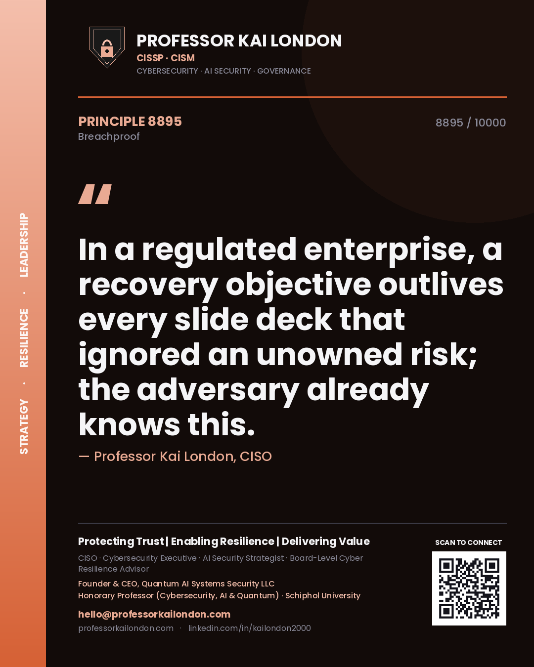 Professor Kai London principle 8895: In a regulated enterprise, a recovery objective outlives every slide deck that ignored an unowned risk; the adversary already knows this.