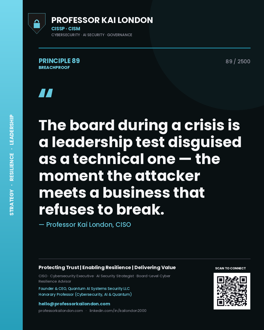 Professor Kai London principle 89: The board during a crisis is a leadership test disguised as a technical one — the moment the attacker meets a business that refuses to break.
