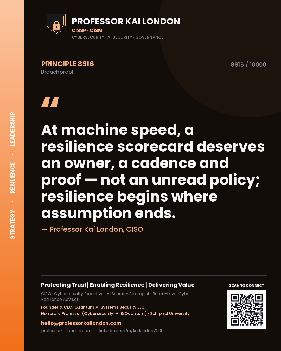 Quote card by Professor Kai London reading 'At machine speed, a resilience scorecard deserves an owner, a cadence and proof — not an unread policy; resilience begins where assumption ends.'. From the book Breachproof.