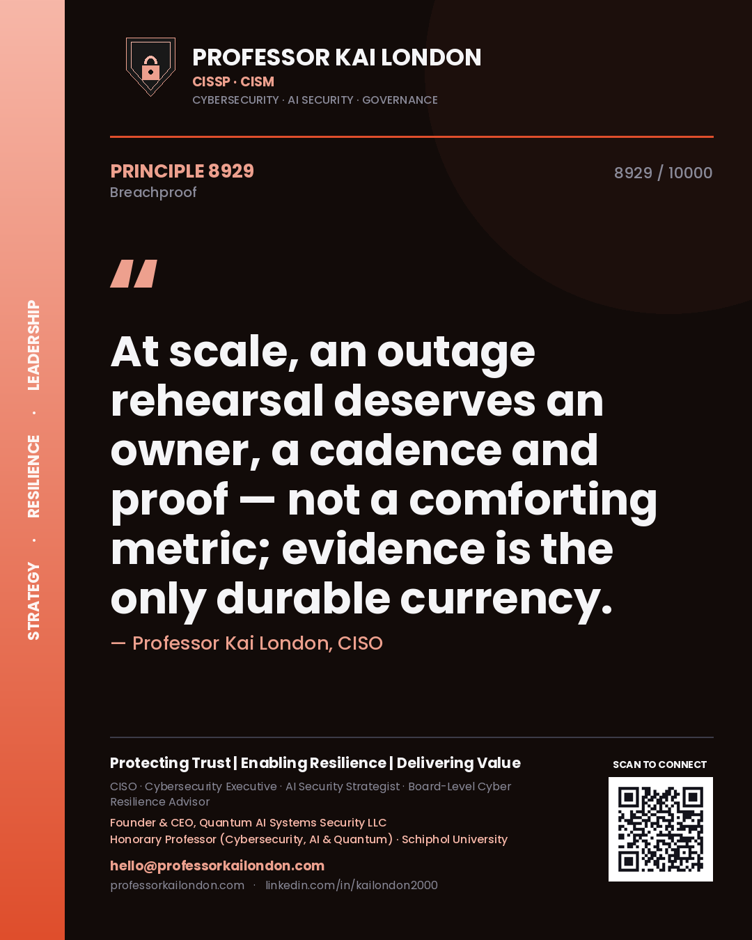 Quote card by Professor Kai London reading 'At scale, an outage rehearsal deserves an owner, a cadence and proof — not a comforting metric; evidence is the only durable currency.'. From the book Breachproof.