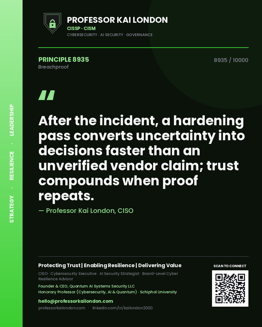 Quote card by Professor Kai London reading 'After the incident, a hardening pass converts uncertainty into decisions faster than an unverified vendor claim; trust compounds when proof repeats.'. From the book Breachproof.