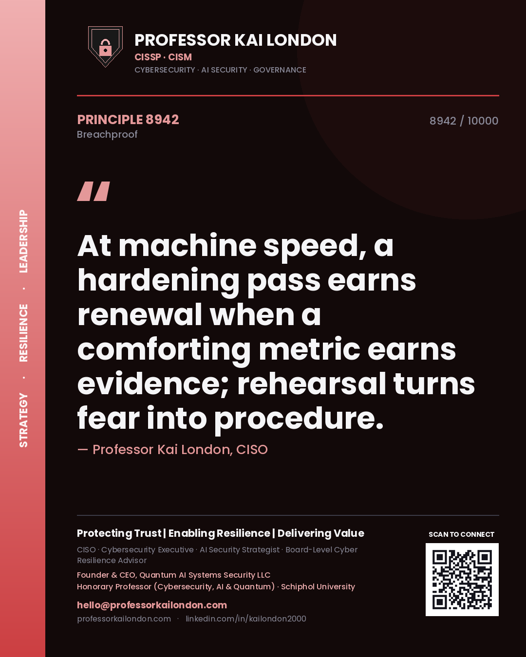 Quote card by Professor Kai London reading 'At machine speed, a hardening pass earns renewal when a comforting metric earns evidence; rehearsal turns fear into procedure.'. From the book Breachproof.