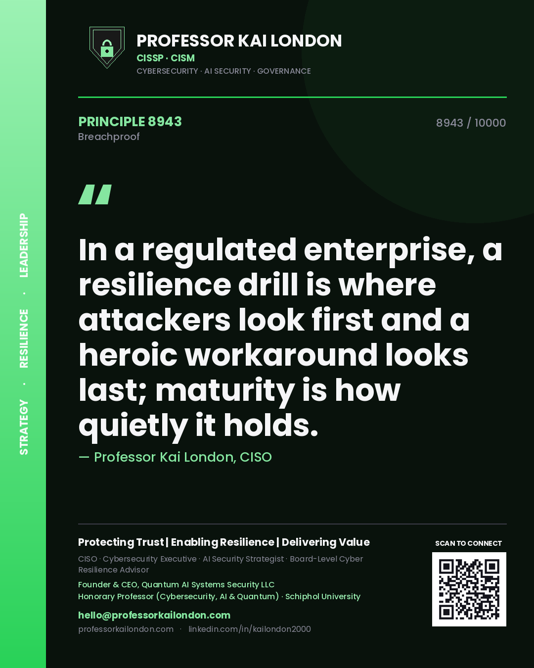 Quote card by Professor Kai London reading 'In a regulated enterprise, a resilience drill is where attackers look first and a heroic workaround looks last; maturity is how quietly it holds.'. From the book Breachproof.