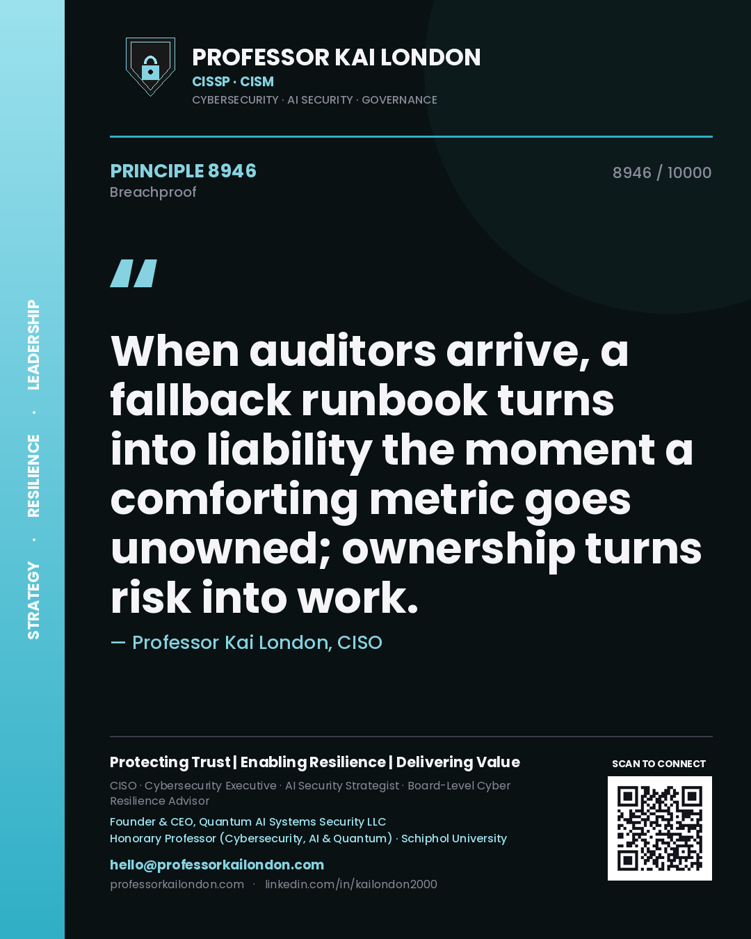 Quote card by Professor Kai London reading 'When auditors arrive, a fallback runbook turns into liability the moment a comforting metric goes unowned; ownership turns risk into work.'. From the book Breachproof.