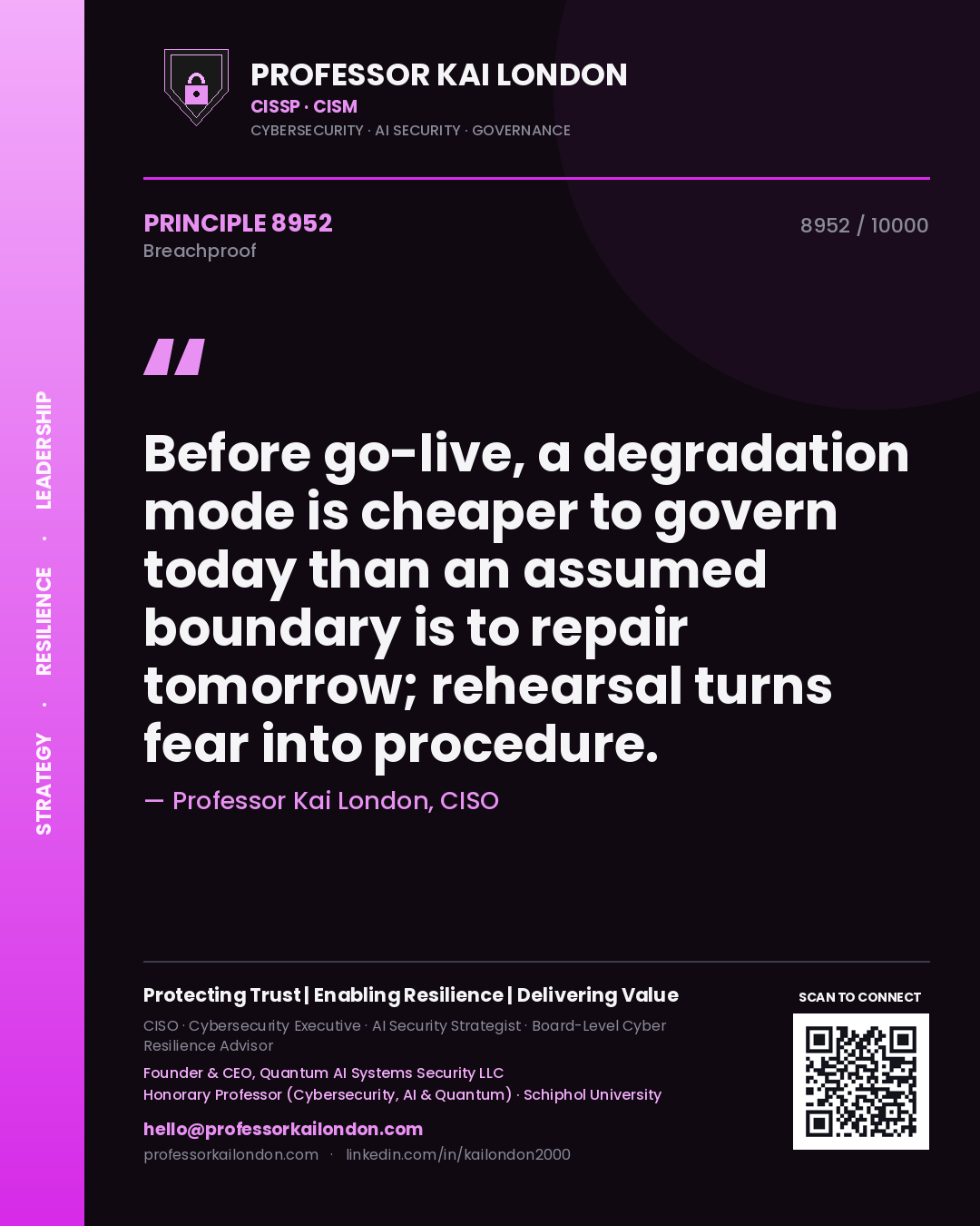 Quote card by Professor Kai London reading 'Before go-live, a degradation mode is cheaper to govern today than an assumed boundary is to repair tomorrow; rehearsal turns fear into procedure.'. From the book Breachproof.
