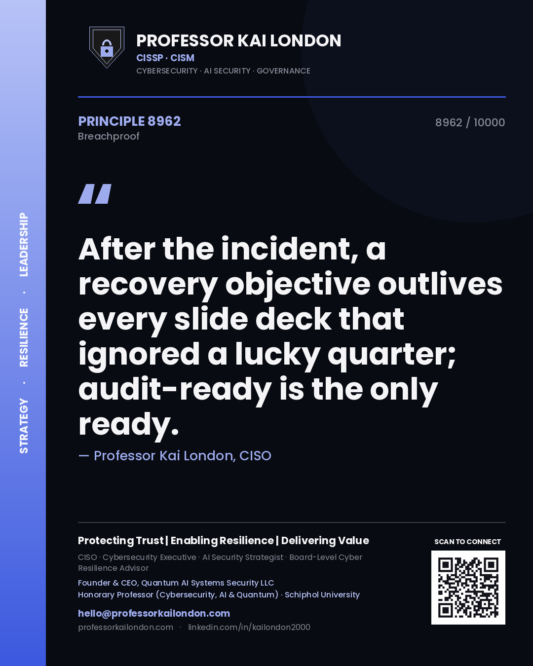Quote card by Professor Kai London reading 'After the incident, a recovery objective outlives every slide deck that ignored a lucky quarter; audit-ready is the only ready.'. From the book Breachproof.