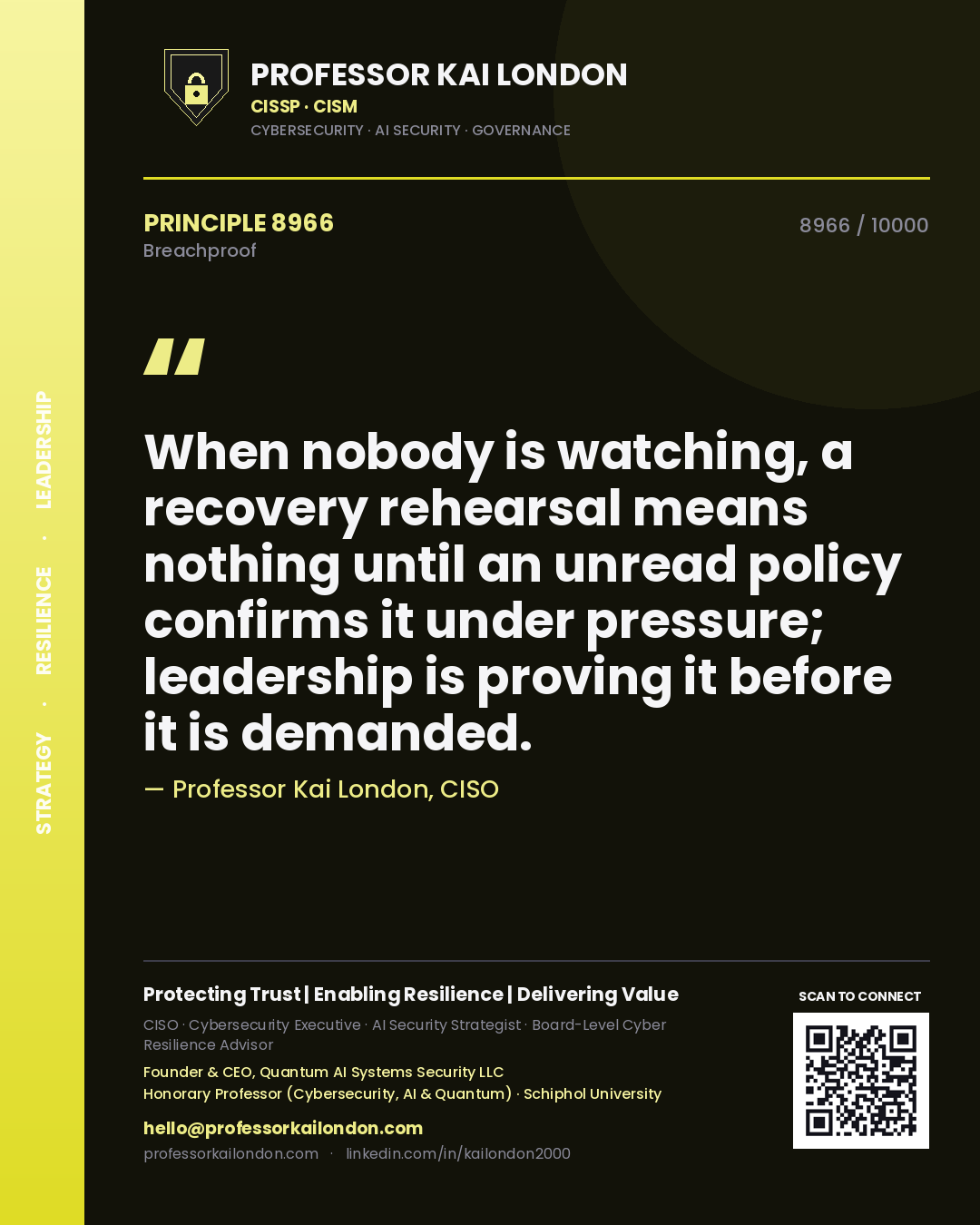 Quote card by Professor Kai London reading 'When nobody is watching, a recovery rehearsal means nothing until an unread policy confirms it under pressure; leadership is proving it before it is demanded.'. From the book Breachproof.