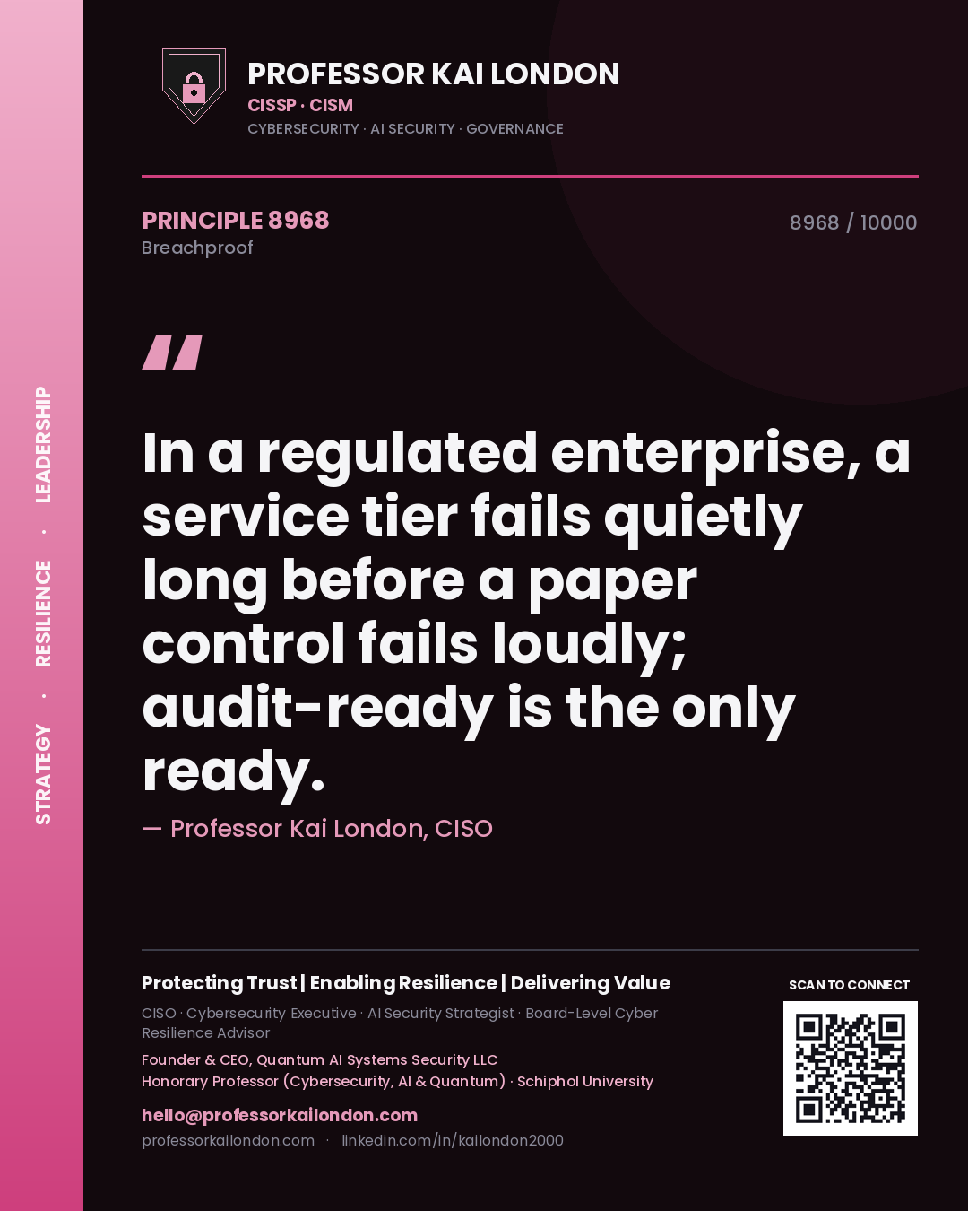 Quote card by Professor Kai London reading 'In a regulated enterprise, a service tier fails quietly long before a paper control fails loudly; audit-ready is the only ready.'. From the book Breachproof.