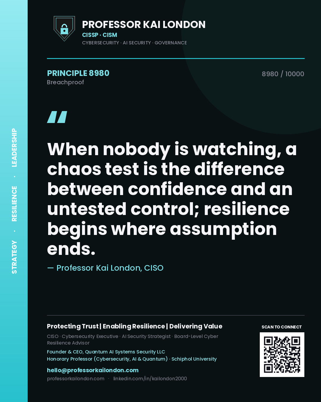 Quote card by Professor Kai London reading 'When nobody is watching, a chaos test is the difference between confidence and an untested control; resilience begins where assumption ends.'. From the book Breachproof.